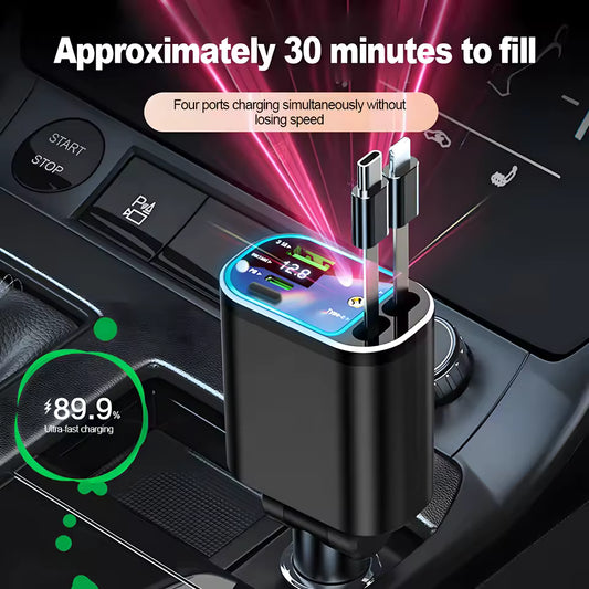 5-in-1 Retractable USB-C Car Charger with Starlight Roof Effect, Multi-Device Fast Charging Adapter for iPhone, Huawei & Samsung